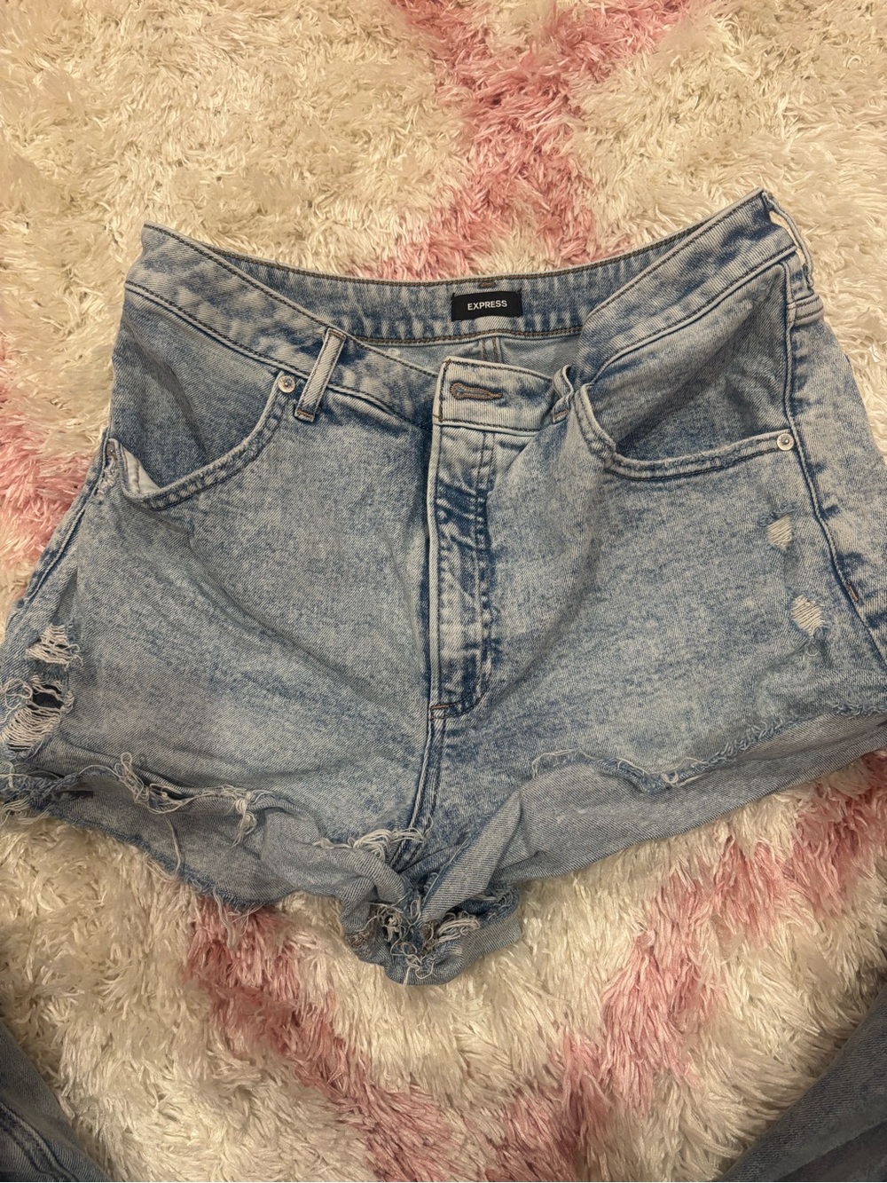 Express Light Blue Distressed High-Rise Jean Shorts
